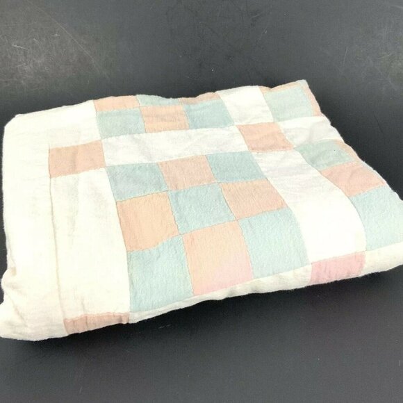 Handmade Baby Quilt Pastel Pink & Blue Patchwork Flannel Soft 38x47 - Picture 3 of 5